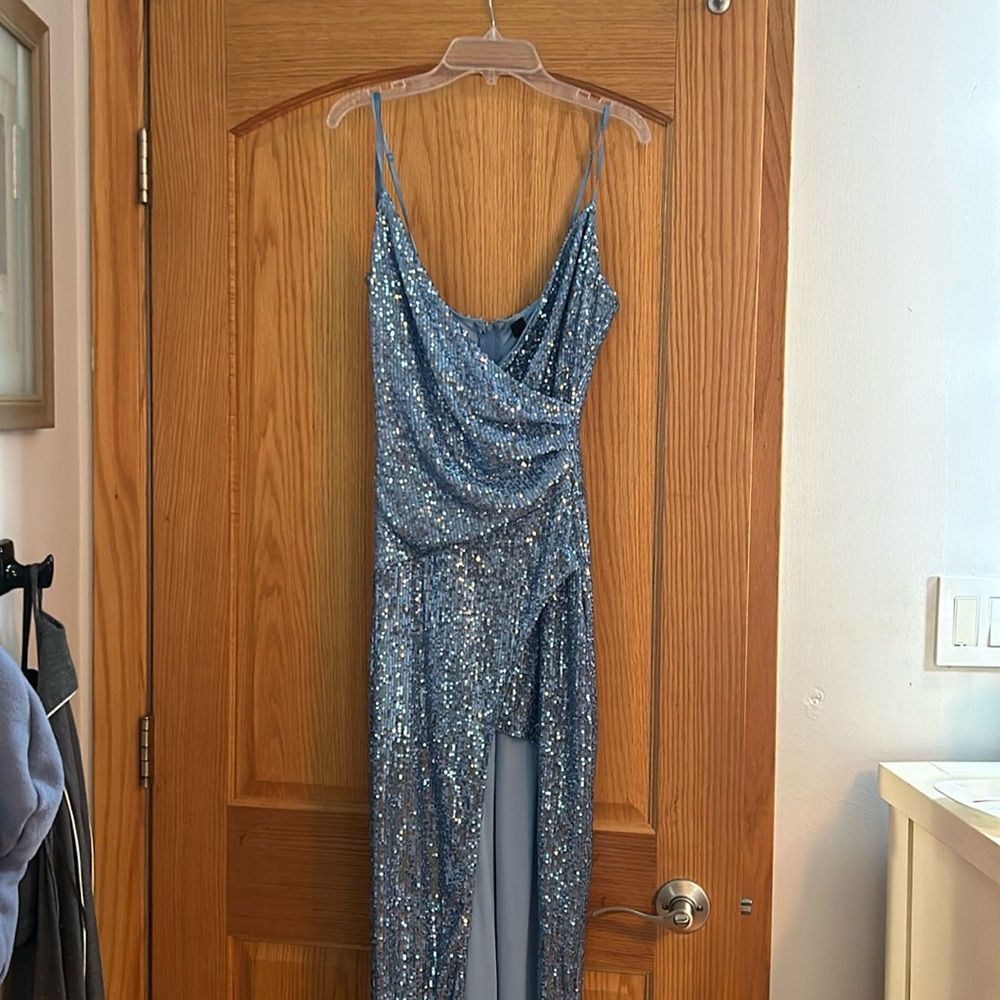 Blue prom dress with slit, worn once. Size small from Windsor